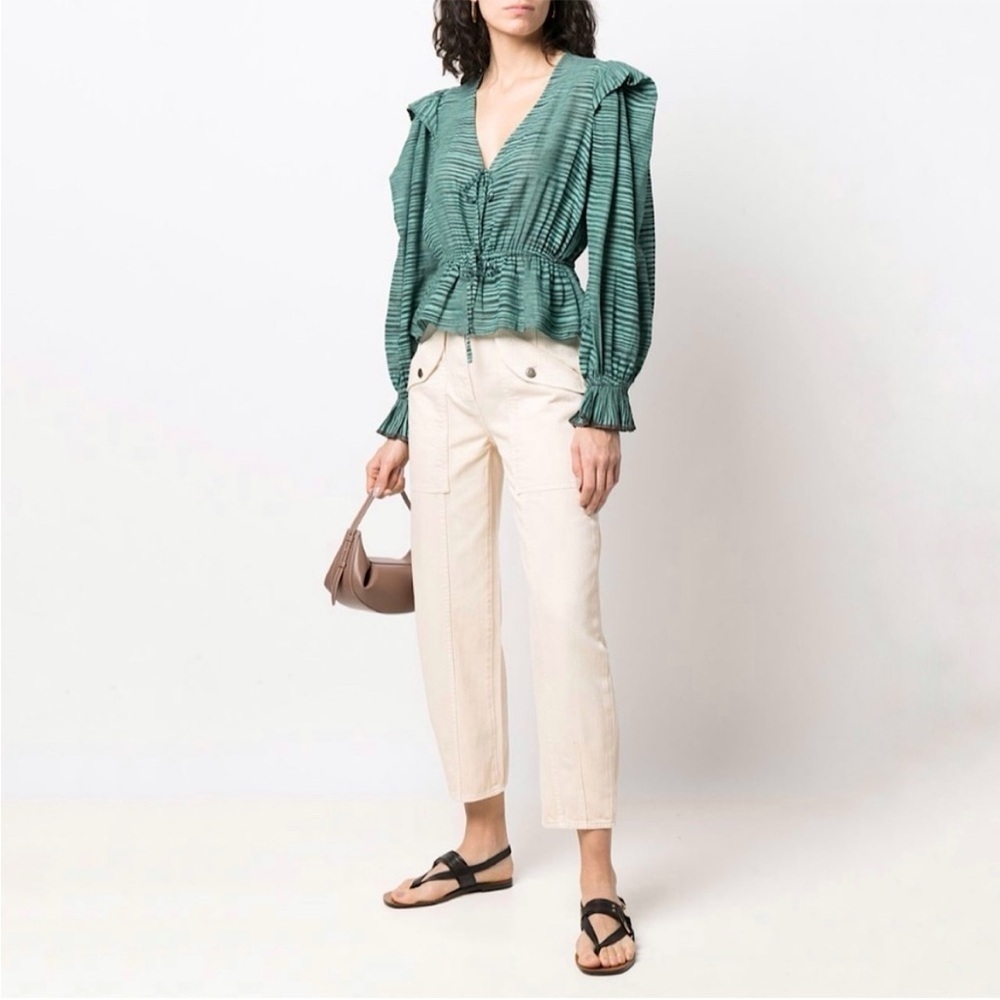 Ulla Johnson Ophelia Cotton Voile Peplum Blouse Teal/ Green Stripe sz 6